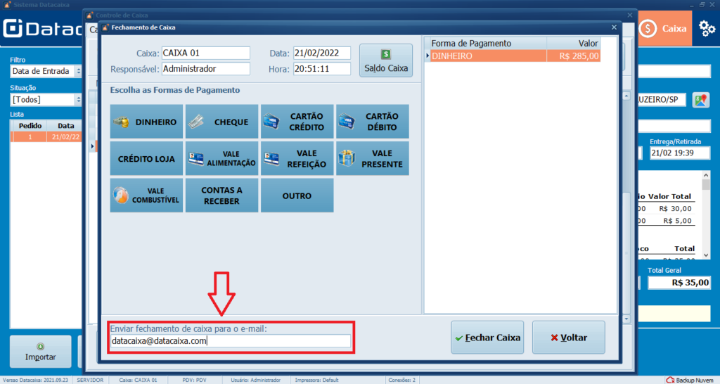 INSERIR EMAIL FECHAMENTO DE CAIXA