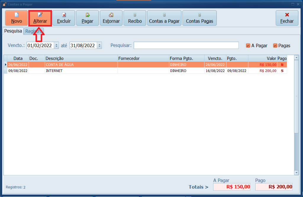 ALTERAR CONTAS A PAGAR