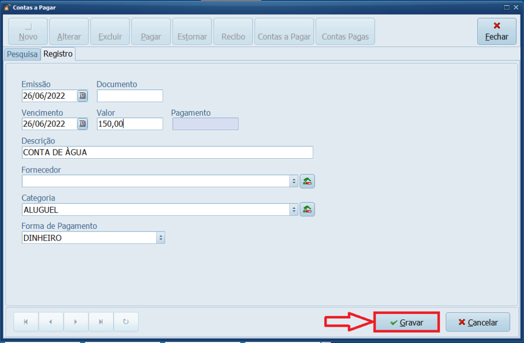 gravar alterar contas a pagar