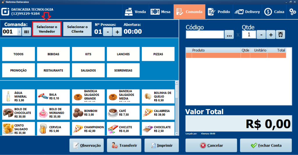 SELECIONAR VENDEDOR COMANDA
