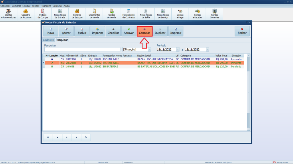 Cancelar-Nota-de-Entrada | Datacaixa