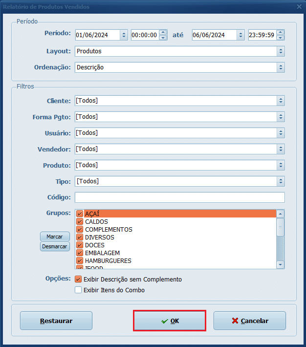 Filtros_Produtos Vendidos | Datacaixa