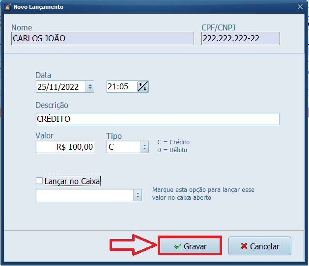 GRAVAR NOVO LANÇAMENTO