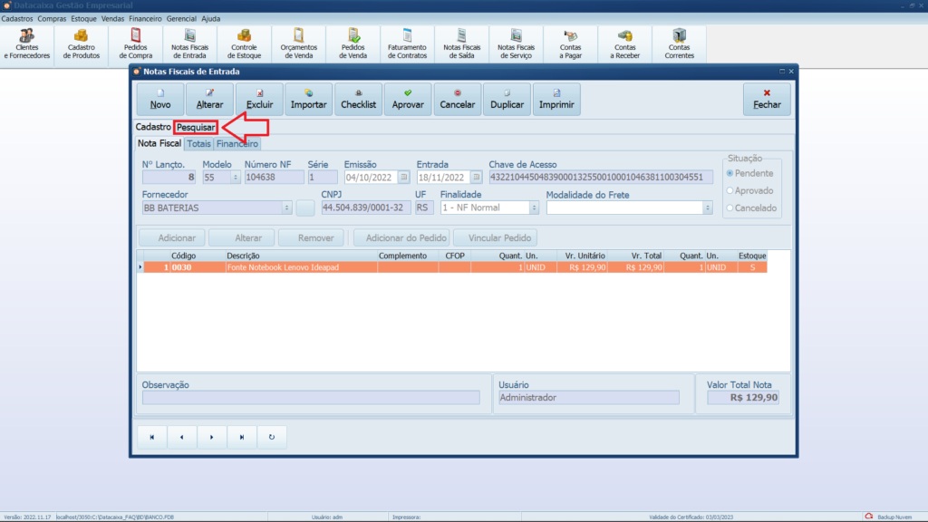 Pesquisar-Notas-de-Entrada | Datacaixa