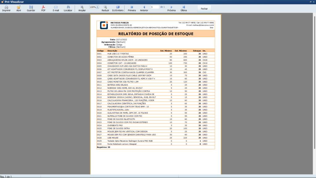 Relatório de posição de estoque