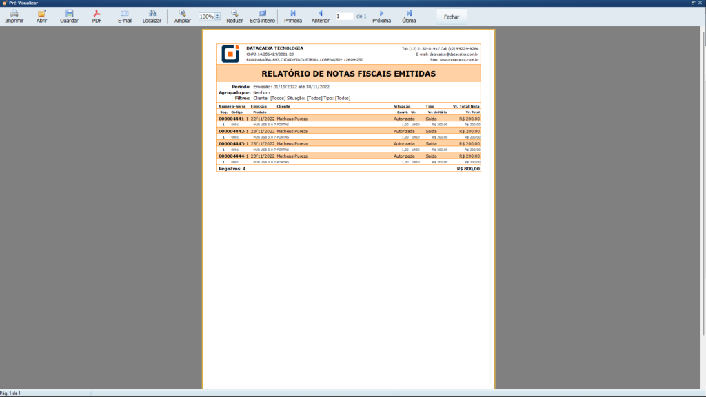Relatório de notas e produtos