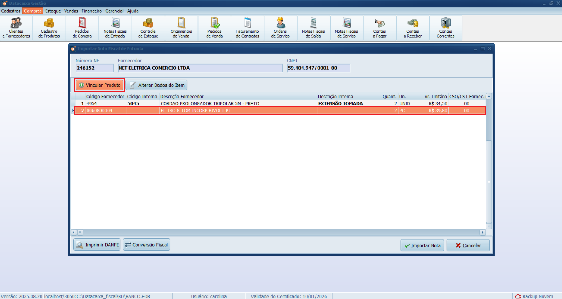 selecionar-item-vincular-produto-xml | Datacaixa