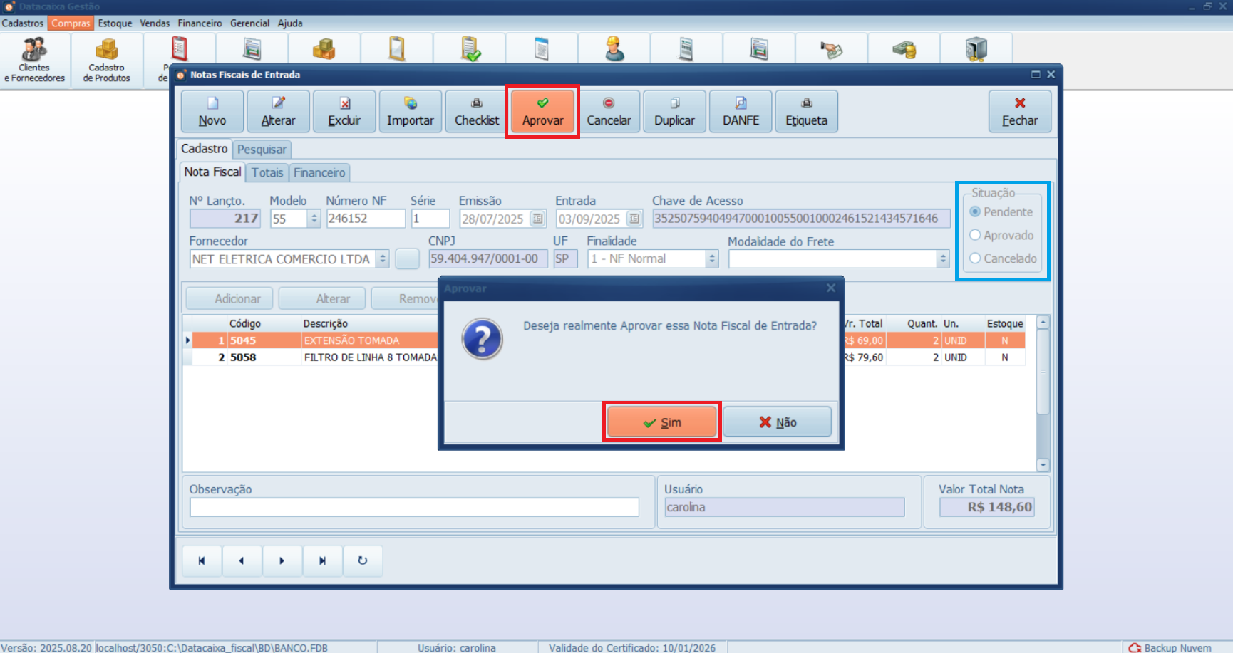 status-pendente-aprovar-nf-e-xml | Datacaixa