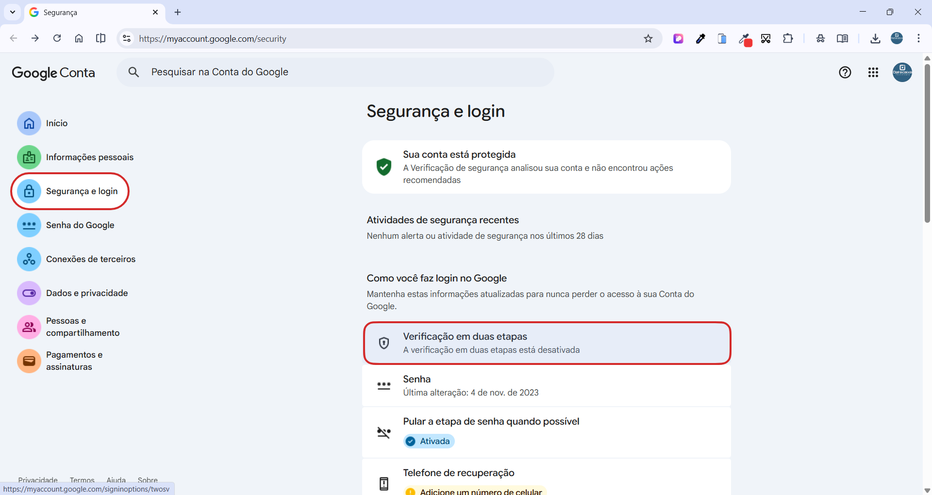 Segurança e Login gmail