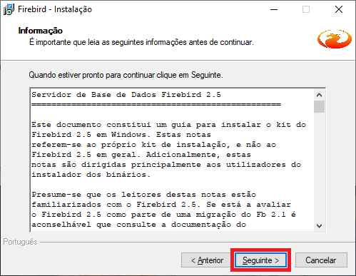 Firebird Seguir com Instalação | Datacaixa Firebird Seguir com Instalação