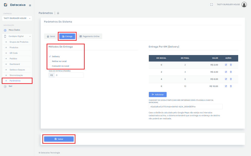 Cardápio Digital Métodos de Entrega
