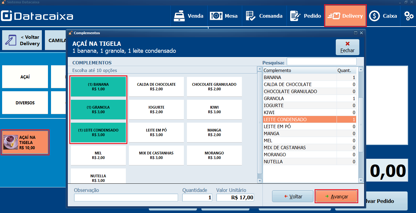 Açaí na Tigela_Delivery_Avançar_Complementos | Datacaixa