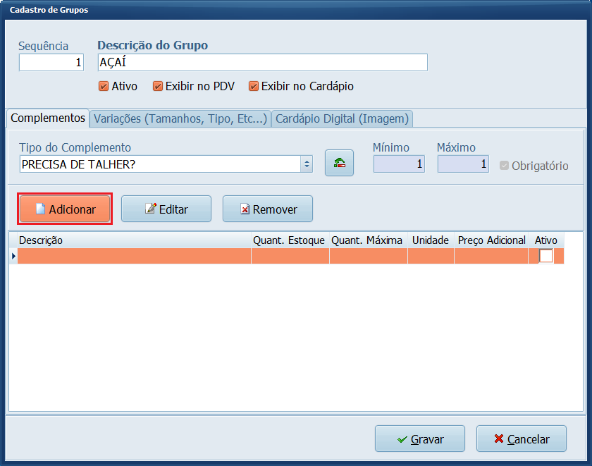 Adicionar_Precisa de Talher_Tipo de Complementos | Datacaixa