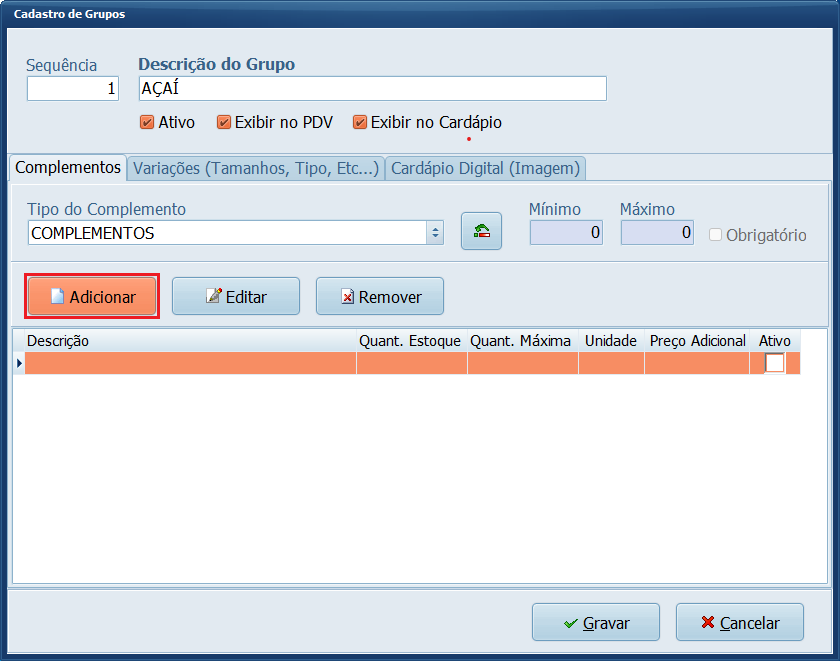 Cadastro de Grupos_Açaí_Adicionar_Complementos | Datacaixa