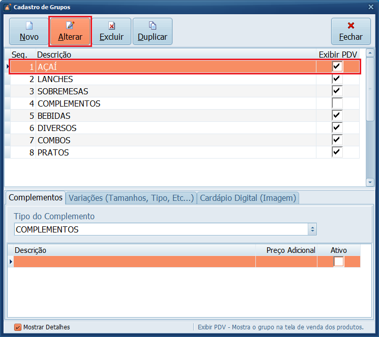 Cadastro de Grupos_Açaí_Alterar_Complementos | Datacaixa