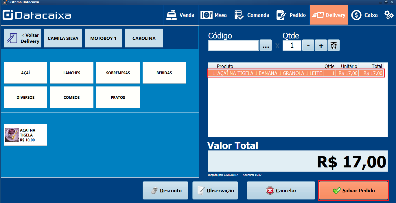 Salvar Pedido_Delivery_Açaí | Datacaixa