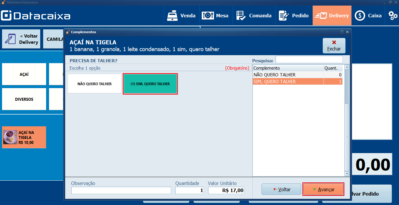 Sim quero talher_Avançar_Açaí_Complementos | Datacaixa