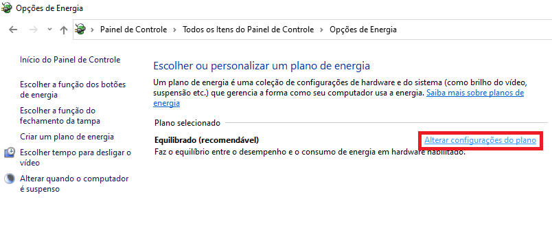 Energia Configurações Plano
