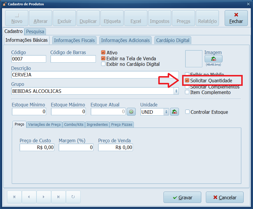 Cadastro Produto Solicitar Quantidade
