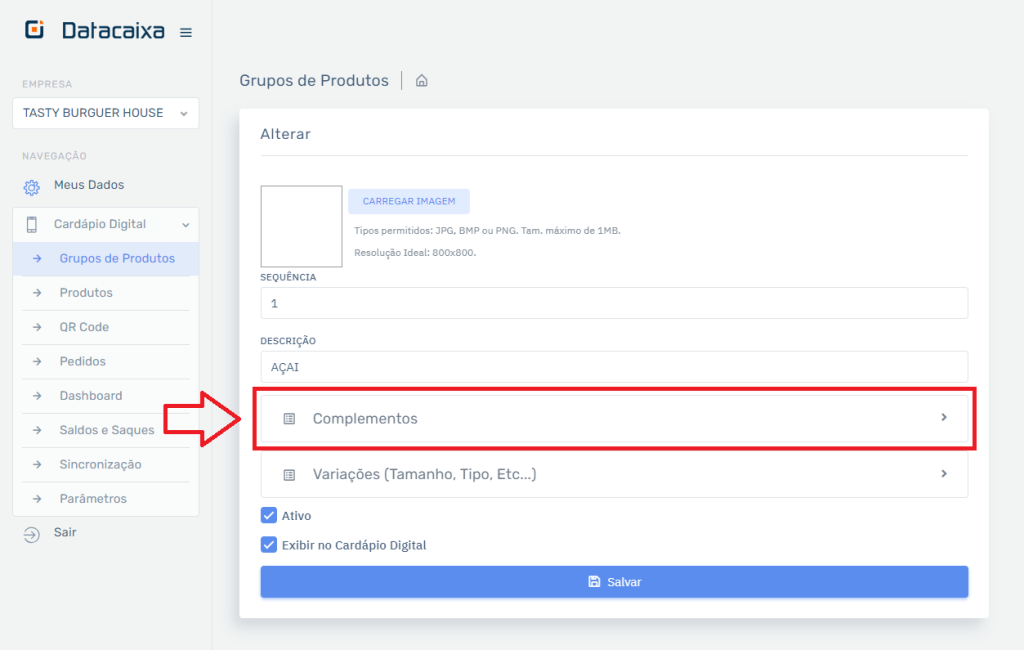 Grupo Complementos no Cardápio | Datacaixa Grupo Complementos no Cardápio