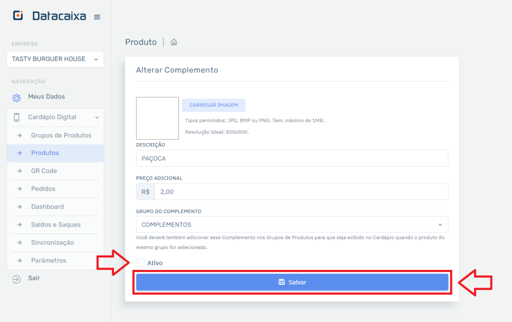 Inativar Complemento Confirmar no Cardápio