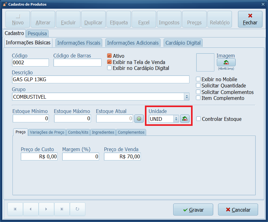 Cadastro Produto GAS GLP
