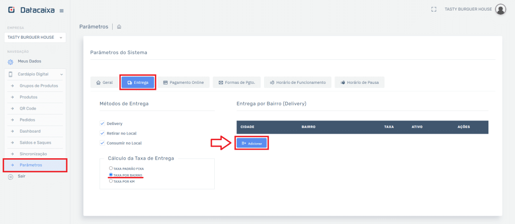 Taxa de Entrega Bairro no Cardápio