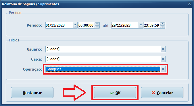 Relatório de Sangrias e Suprimentos com Operação Sangrias