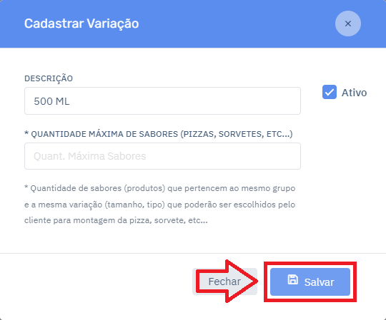 Variações Adicionar no Cardápio
