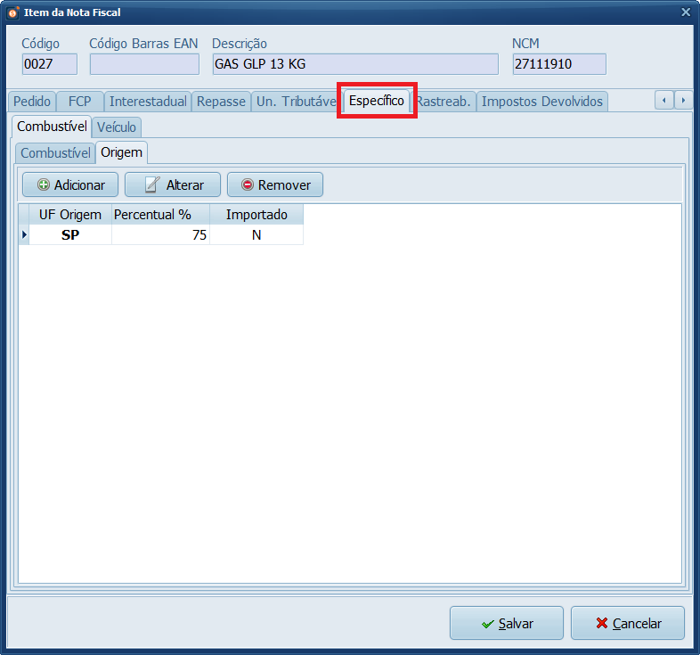 Item da Nota Fiscal Específico