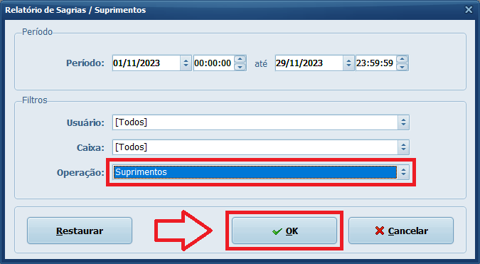 Relatório de Sangrias e Suprimentos com Operação Suprimentos