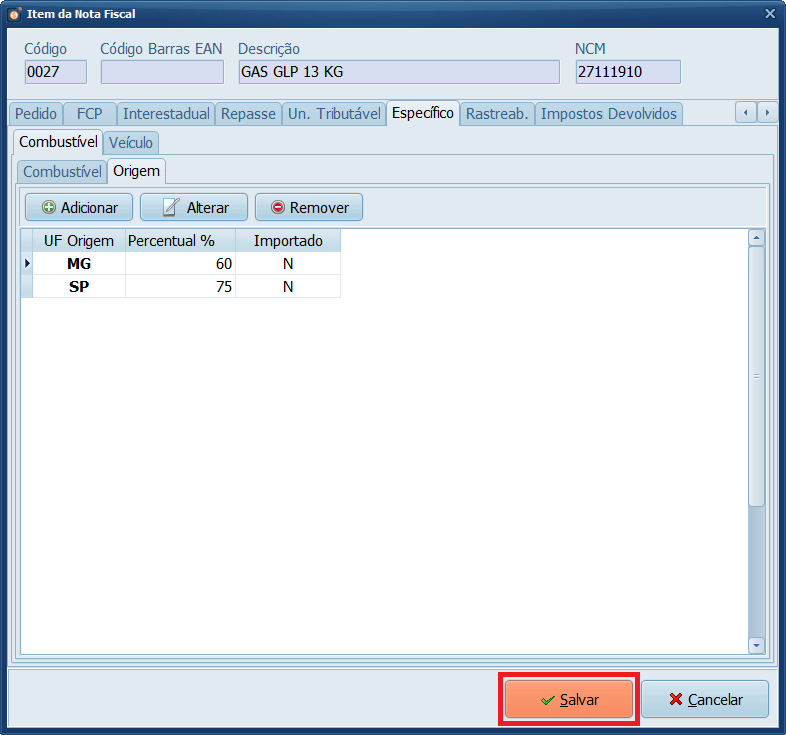 Específico Origem Salvar