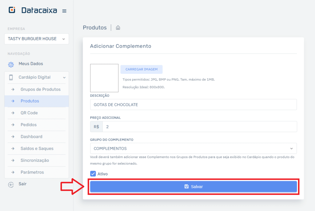 Complemento Salvar Cardápio
