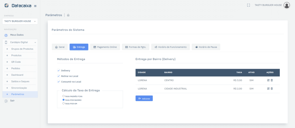 Taxa de Entrega Bairros Cadastrados no Cardápio