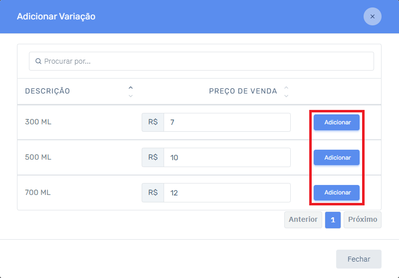 Valor Variações Adicionar no Cardápio