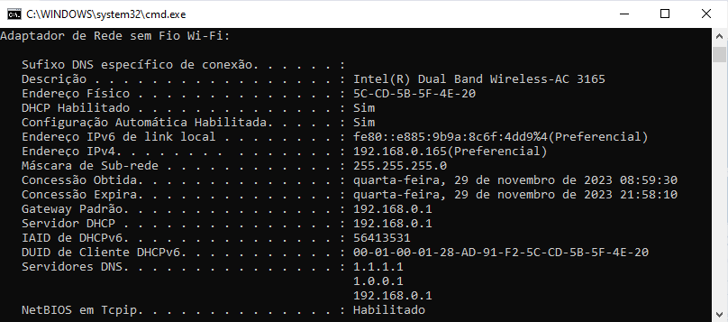 Prompt ipconfigall resultado