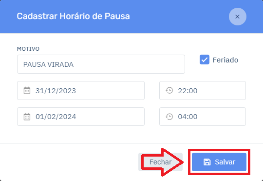 Horário de Pausa Salvar no Cardápio