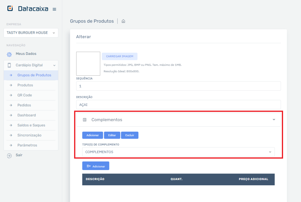 Informações Complementos no Cardápio | Datacaixa Informações Complementos no Cardápio