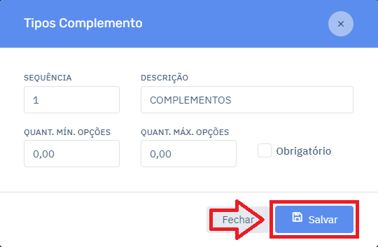 Tipos Complemento no Cardápio | Datacaixa Tipos Complemento no Cardápio