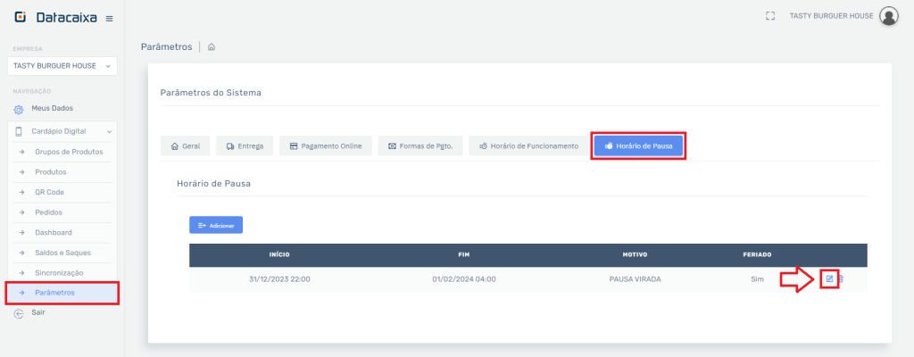 Horário de Pausa Alterar no Cardápio