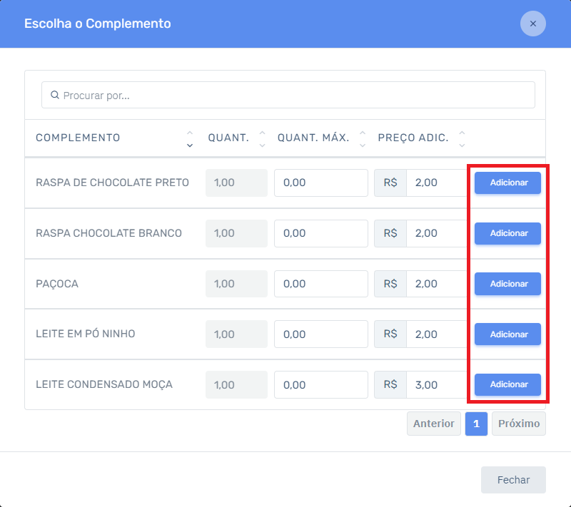 Escolha Complemento no Cardápio | Datacaixa Escolha Complemento no Cardápio