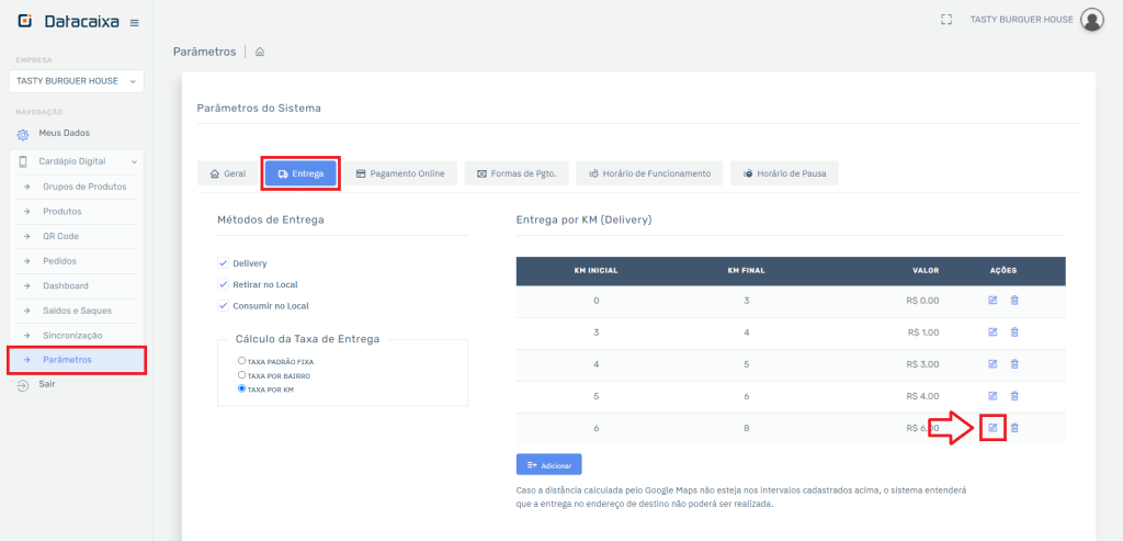 Taxa KM Editar no Cardápio
