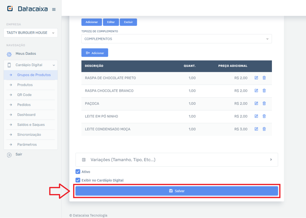 Complementos Salvar no Cardápio | Datacaixa Complementos Salvar no Cardápio