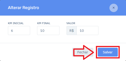 Taxa KM Alterar Salvar no Cardápio