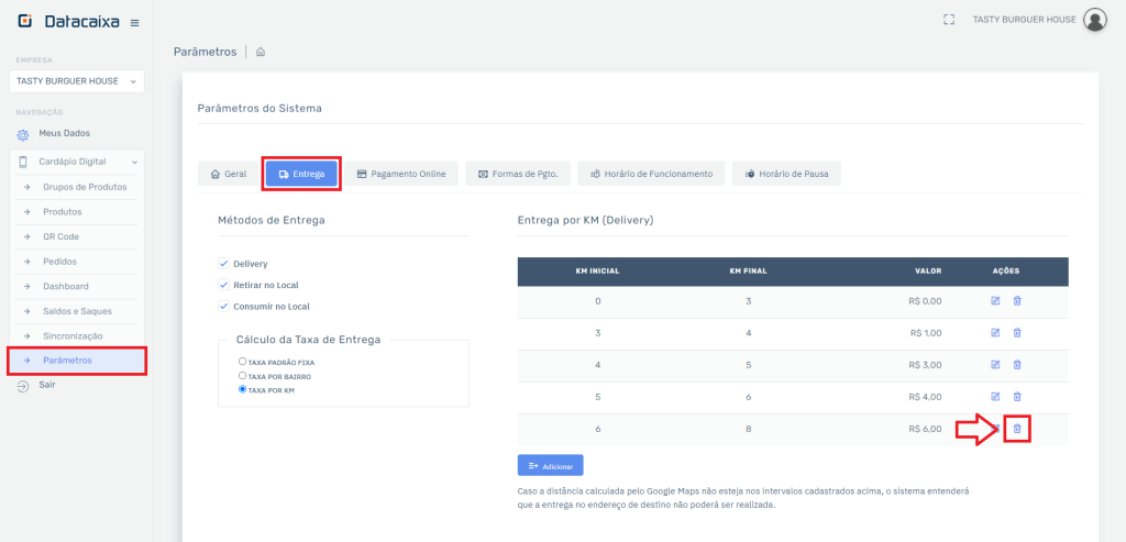 Taxa KM Excluir no Cardápio | Datacaixa Taxa KM Excluir no Cardápio