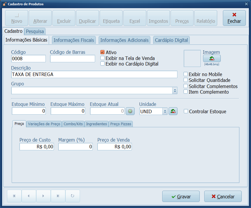 Cadastro Taxa de Entrega