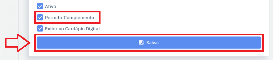 Permitir Complemento Produto Cardápio