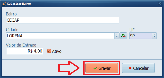 Taxa por Bairro Gravar
