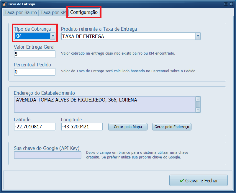 Taxa de Entrega Configuração Tipo de Cobrança por KM | Datacaixa Taxa de Entrega Configuração Tipo de Cobrança por KM