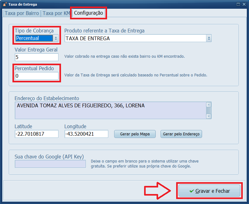 Taxa de Entrega Tipo de Cobrança por Percentual
